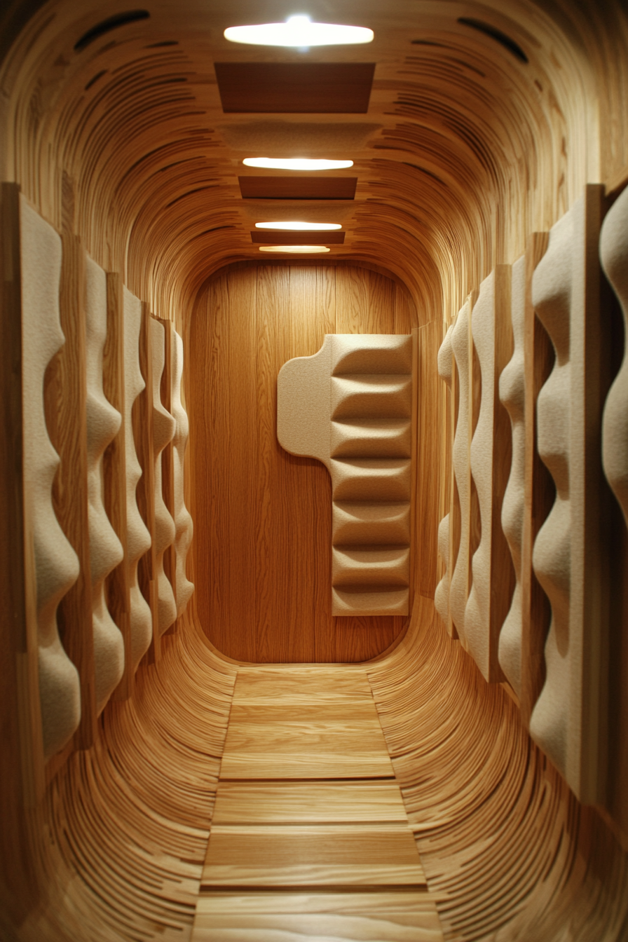 Mobile Studio Space. Oak-finished walls with thick sound-absorbing foam panels.