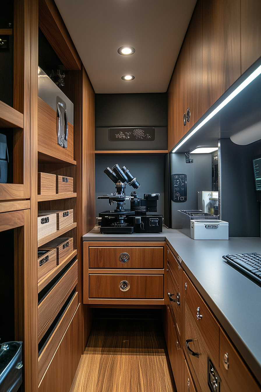 Mobile Research Space. Built-in specimen storage drawers under a workspace with high-powered terrestrial microscope.