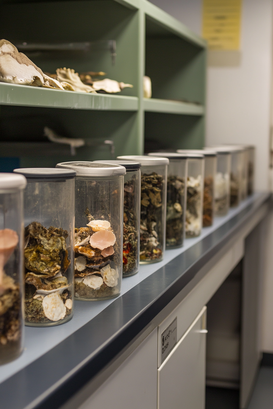 Coastal Research Space. Wet lab with glass containers filled with marine specimens.