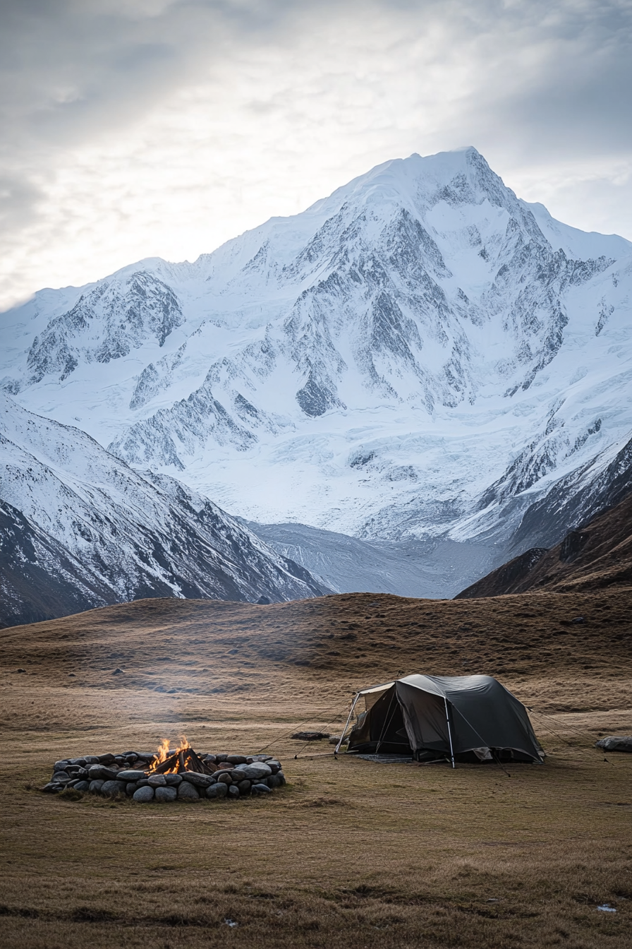 High Alpine campsite. Secluded fire pit, North facing tent placement, snowy peak foreground.