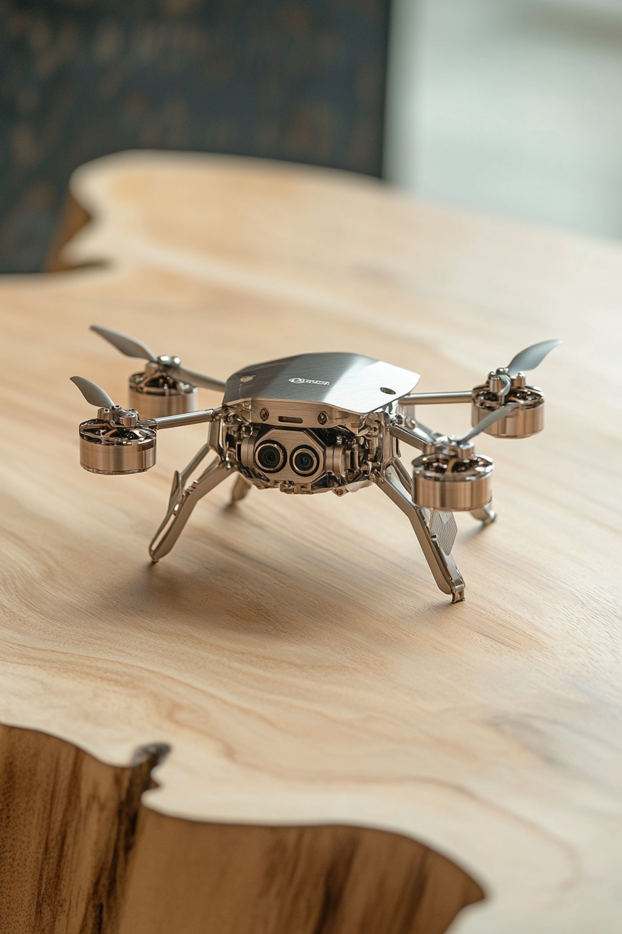 Alpine Mobile Space. Titanium miniature drone on birch countertop.