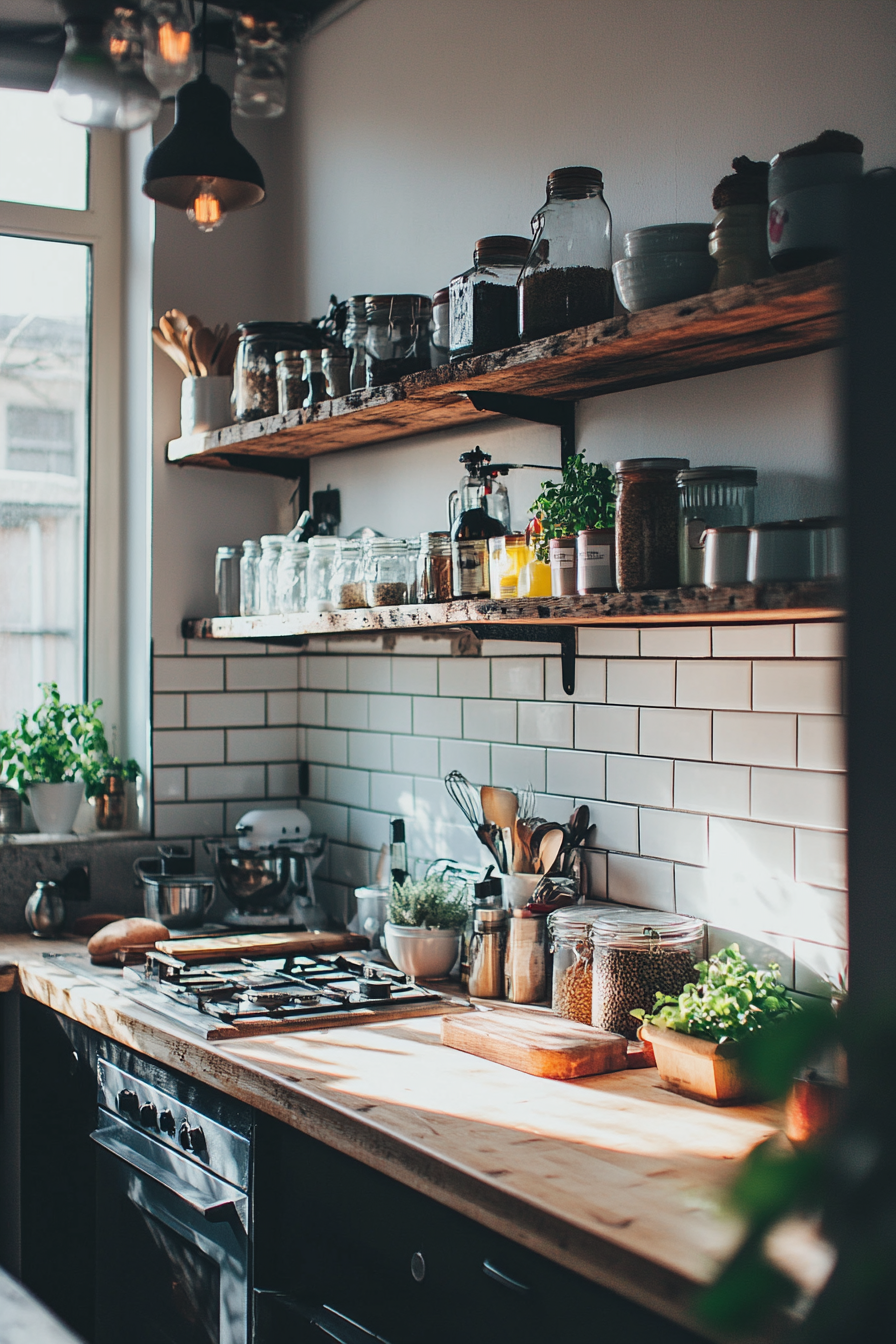 Community Living Space. Minimalist kitchen with open vintage wooden shelves.