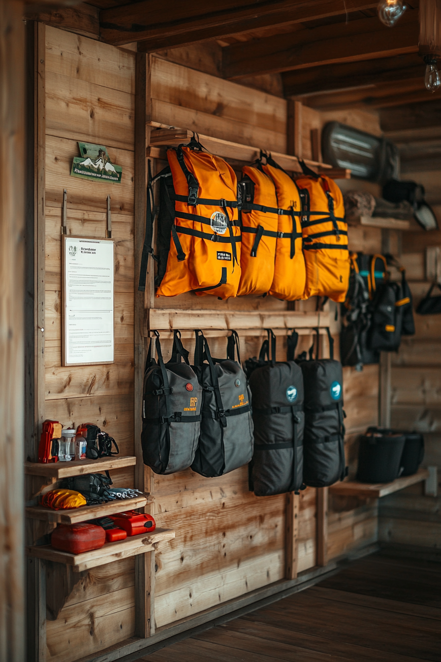 Water adventure space. River rafting gear on wooden shelves, information board, first aid kit station.