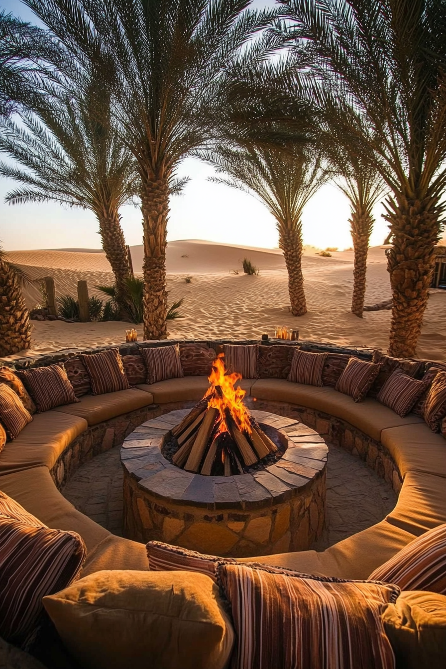 Palm grove space. Traditional fire pit, oasis closeby, overlooking sand dunes.