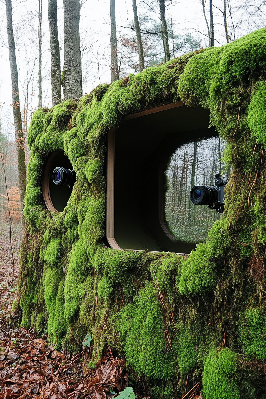 Nature observation space. moss-covered blind with 360-degree camera mounts.