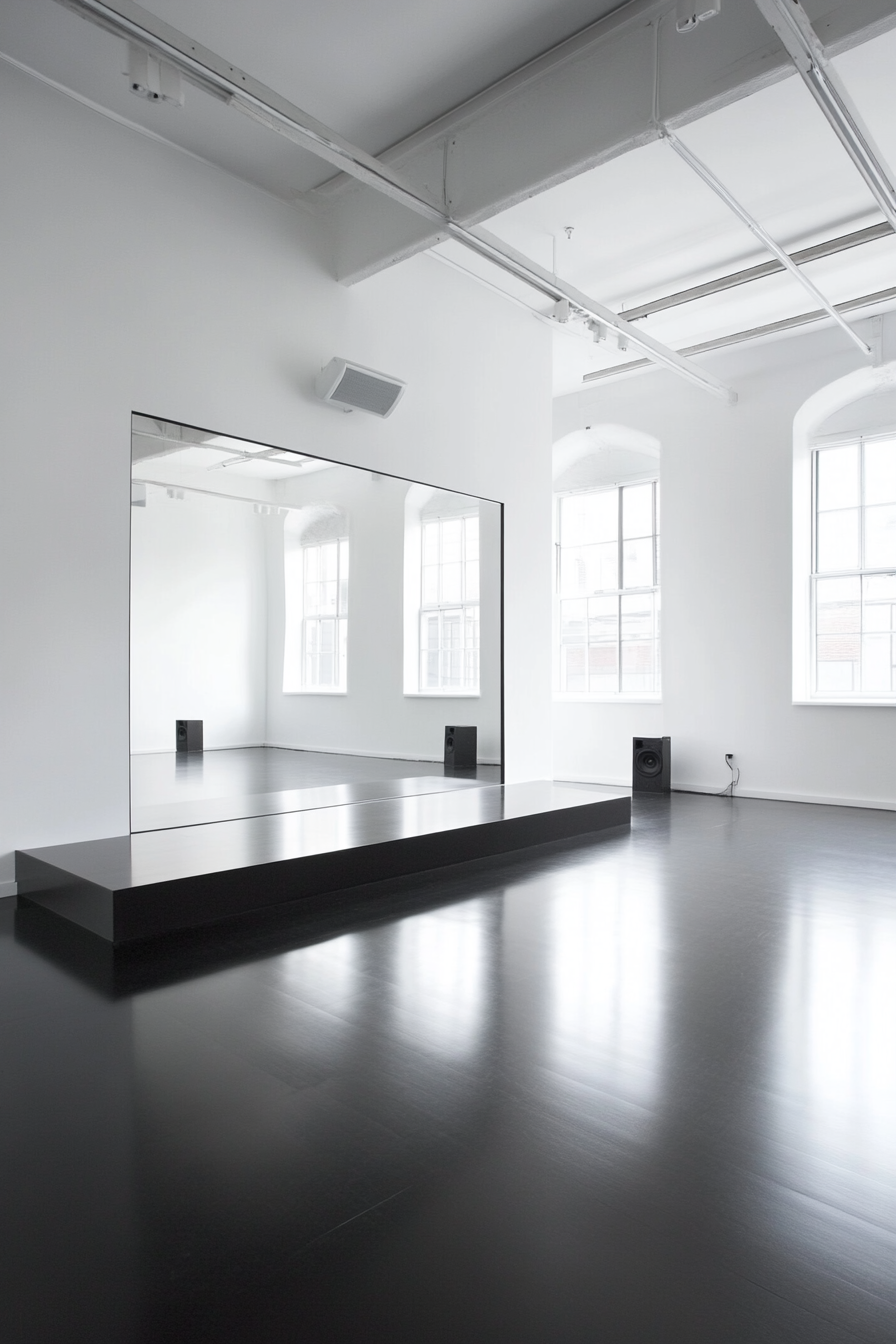 Movement Practice Space. Black sprung floor, white wall-wide mirror, corner sound system.