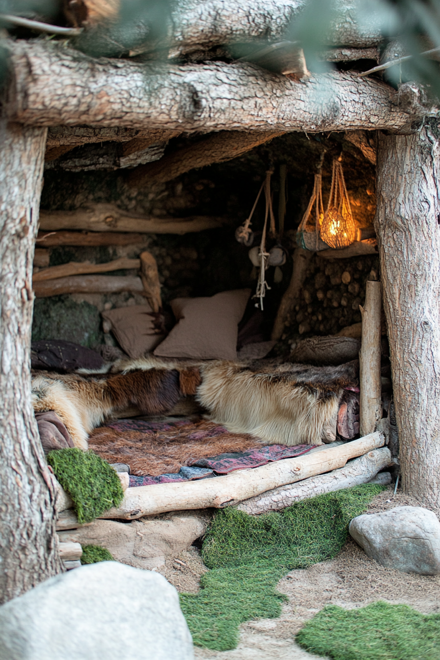 Outdoor education space. Emergency shelter made of logs, moss and animal skins.