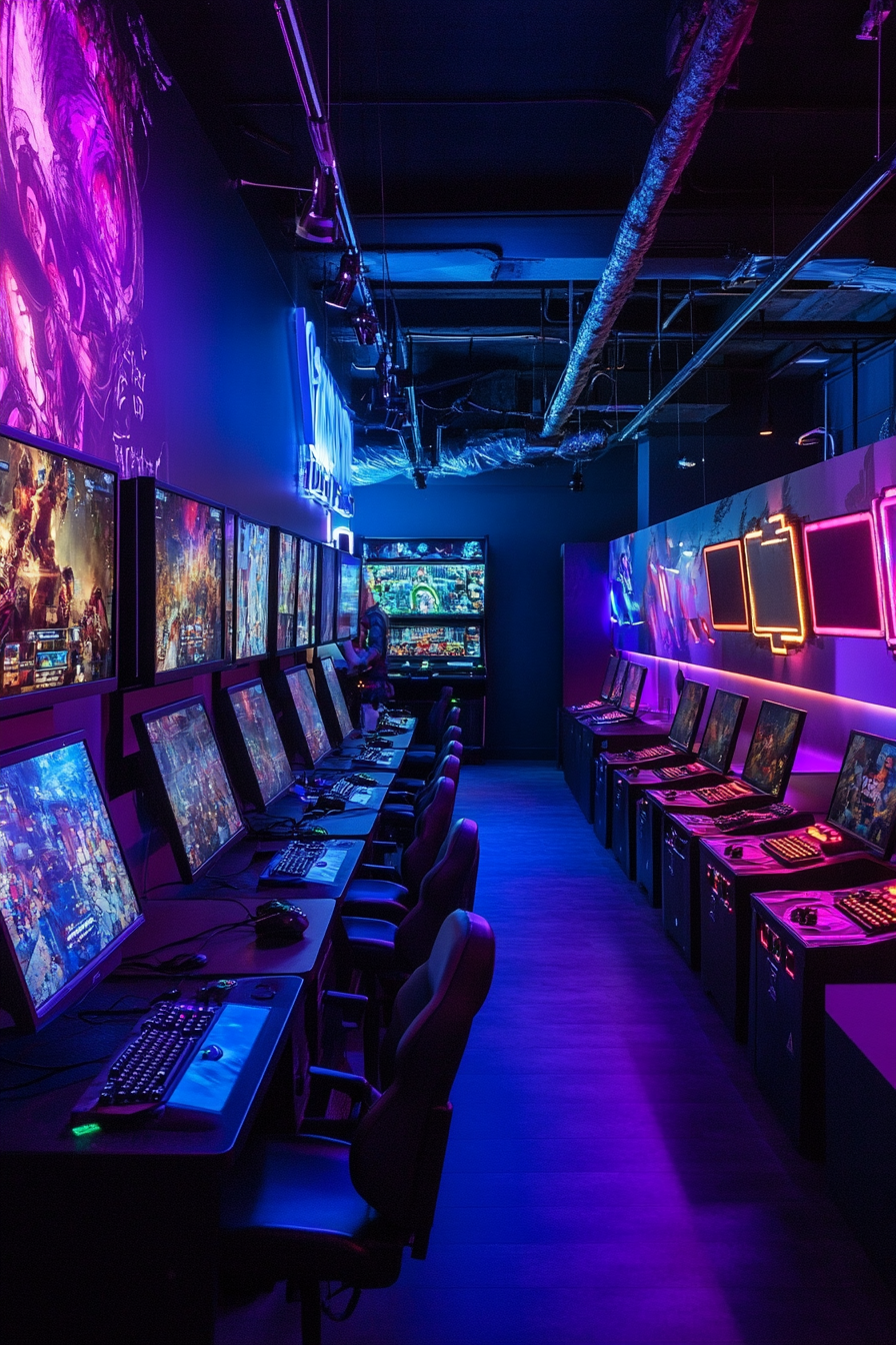 Social gaming space. Collection of multiplayer arcade machines, VR headsets and live stream setups.