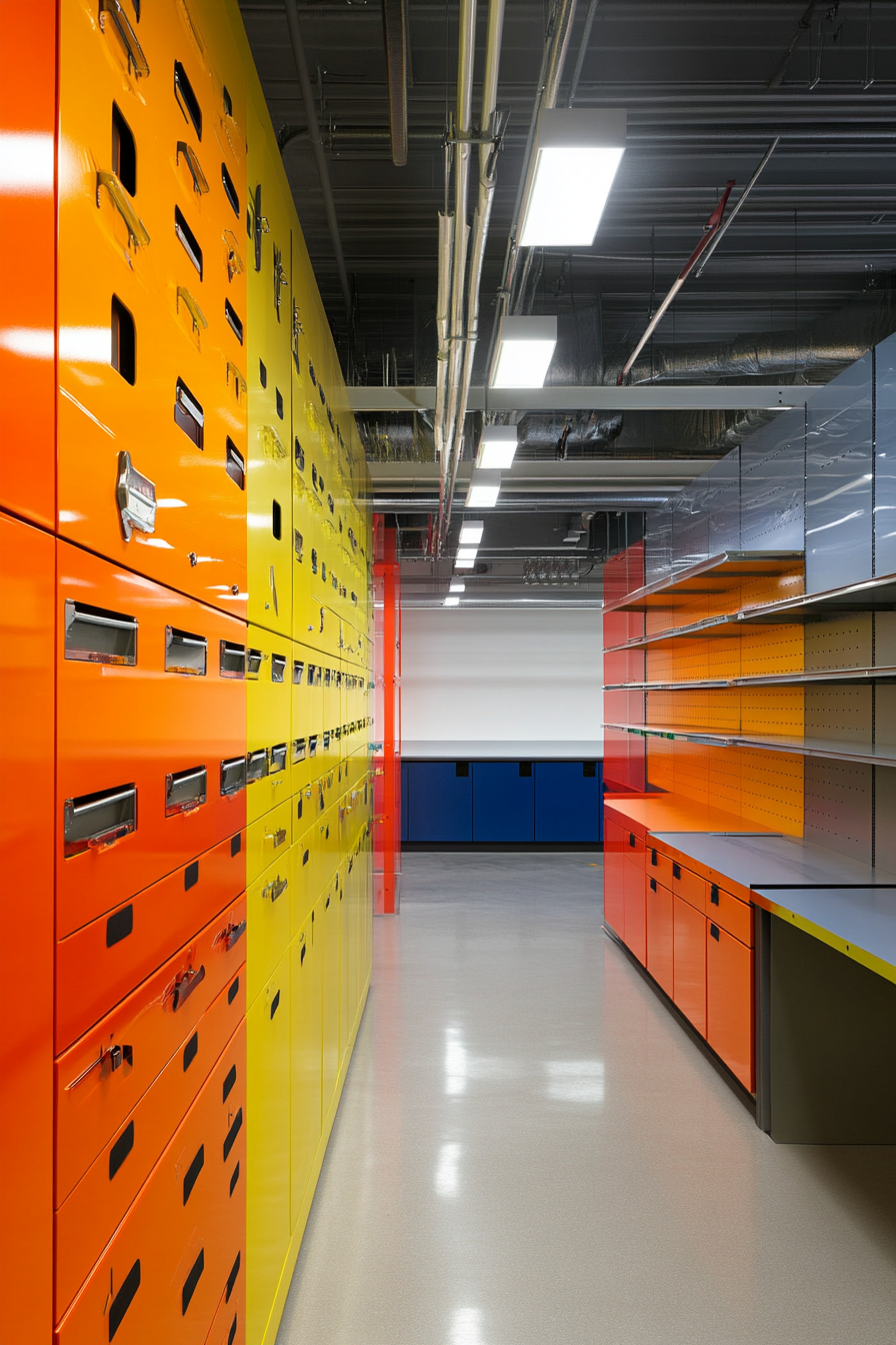 Technical support space. Multiple tool walls with colored organization system and overhead fluorescent lights.