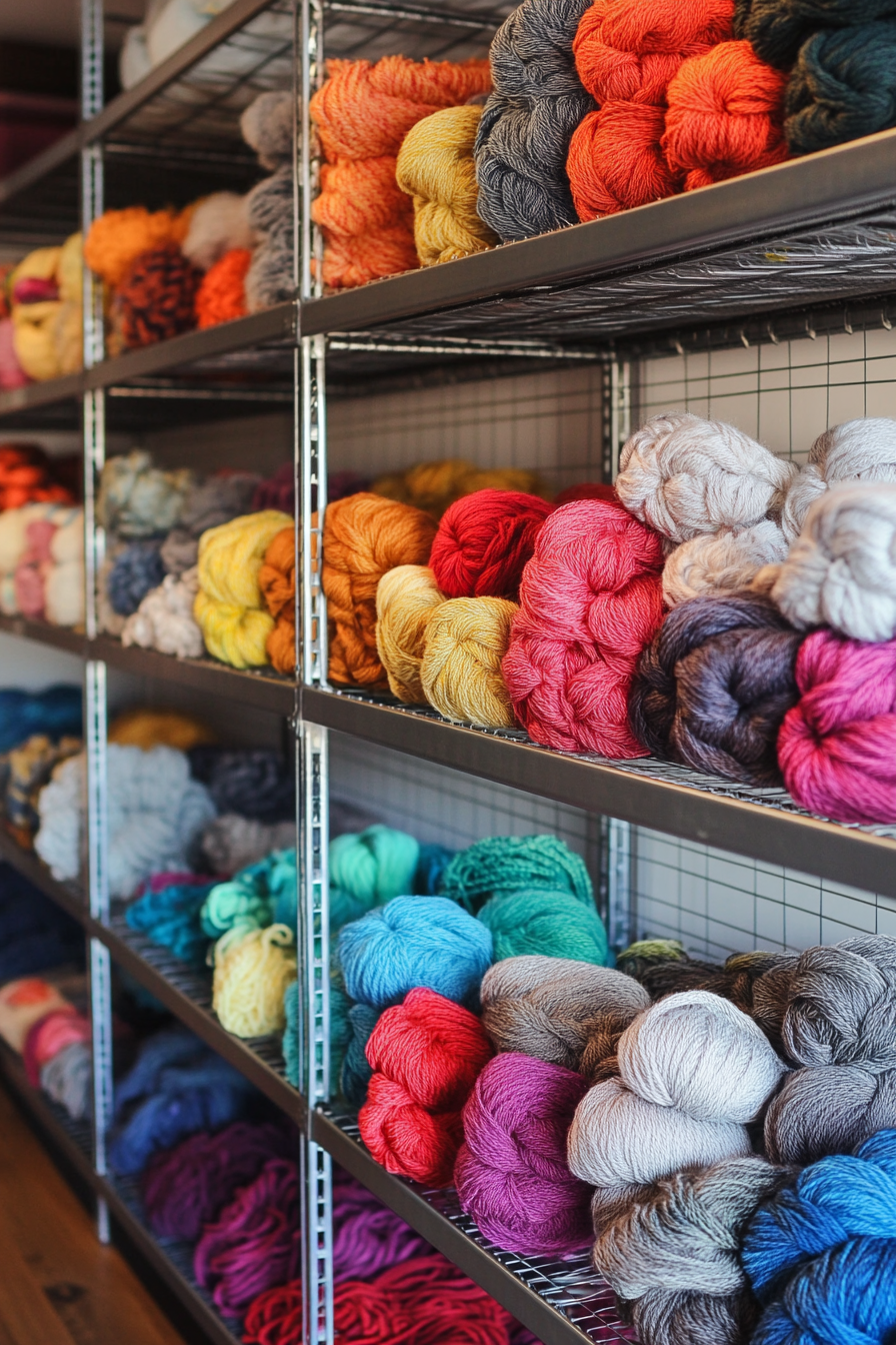 Creative craft space. Industrial metal shelves storing multicoloured yarn for loom.