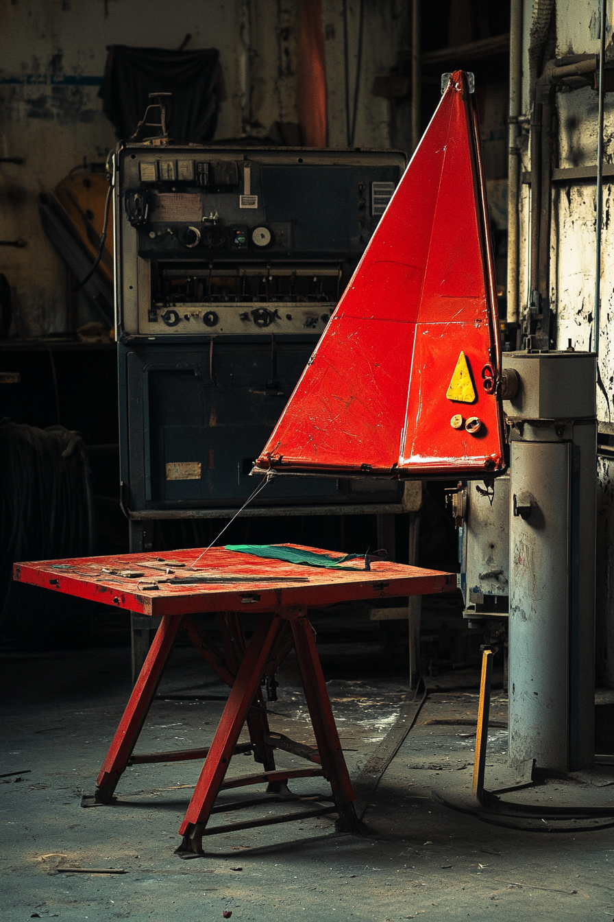 Adventure launch space. Bright red kite repairing table next to a steel weather station.