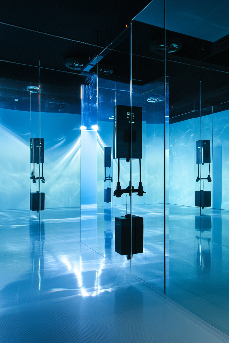 Performance Space. A mirrored exercise studio with oxygen sensor display.