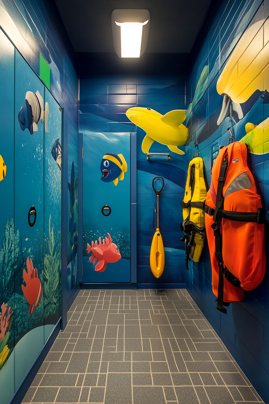 Water Adventure Space. Rescue gear storage area with ocean-themed murals.