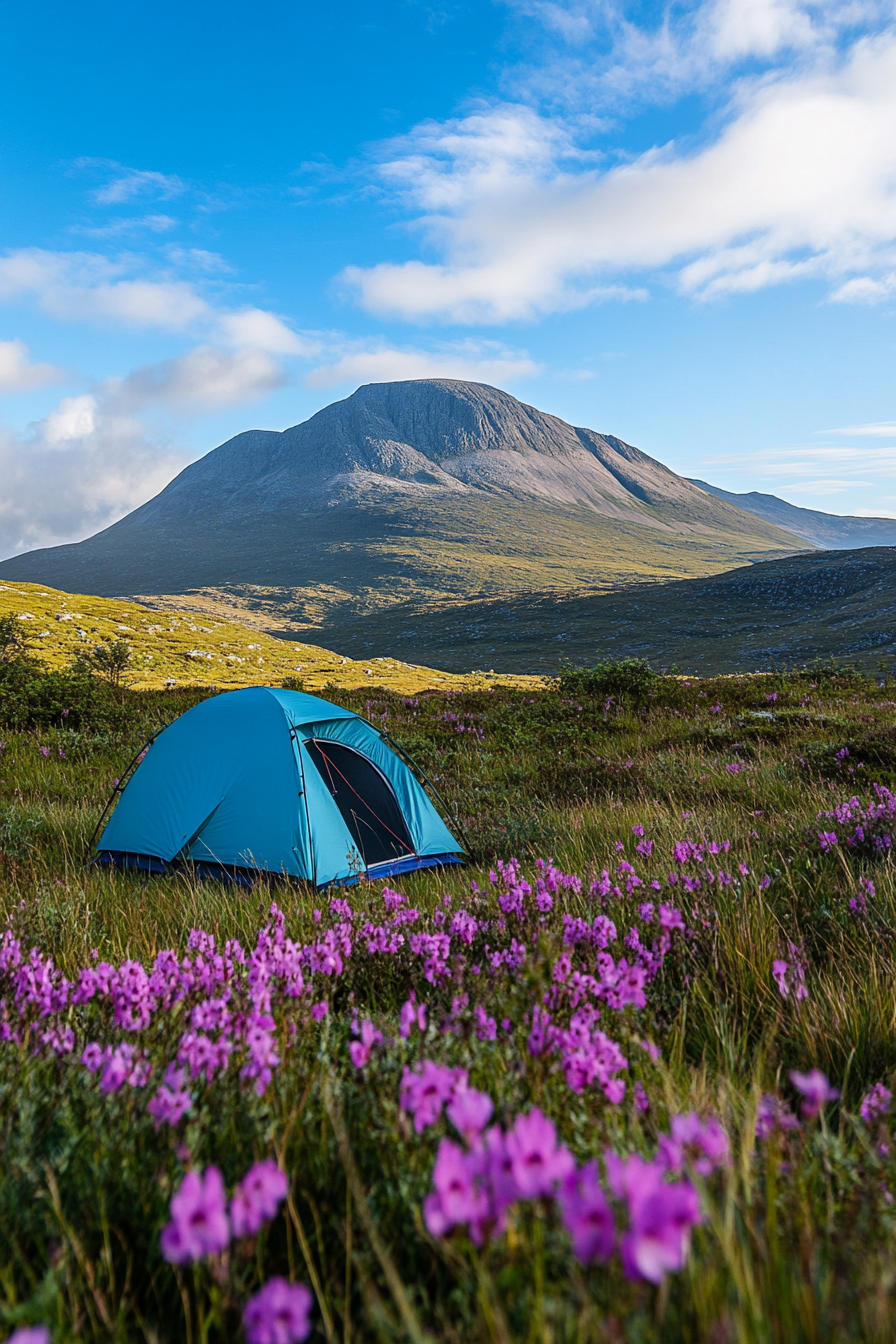 Highland camping site. Blue-tinted wind-protected tent guarding a floral meadow with morning mountain vista.