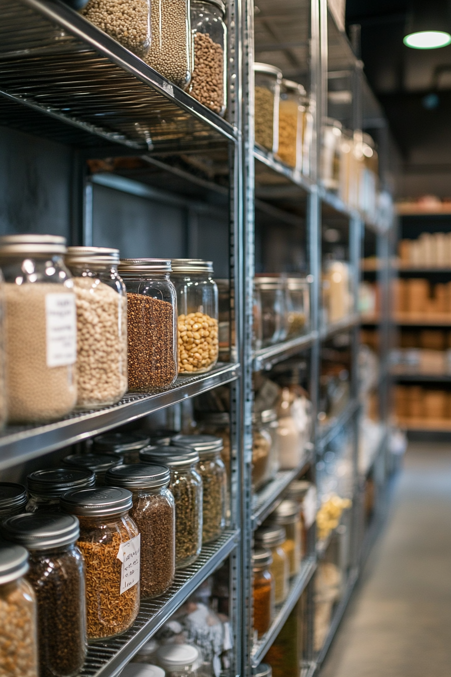 Community cooking space. Bulk storage area with labelled jars lined on industrial metal shelves.