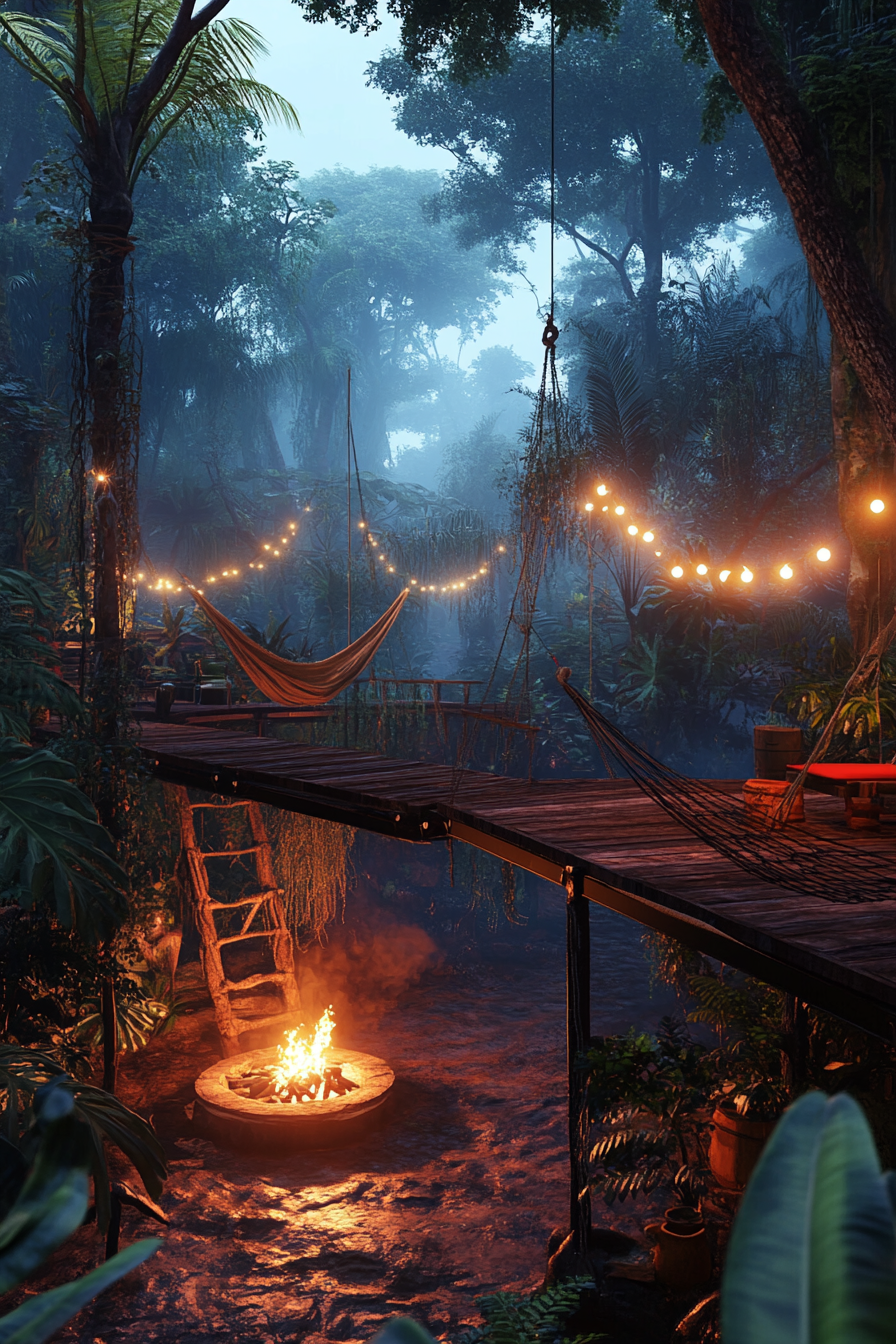 Jungle Clearing. Elevated platforms with hammocks, view on fire pit, surrounded by wildlife.