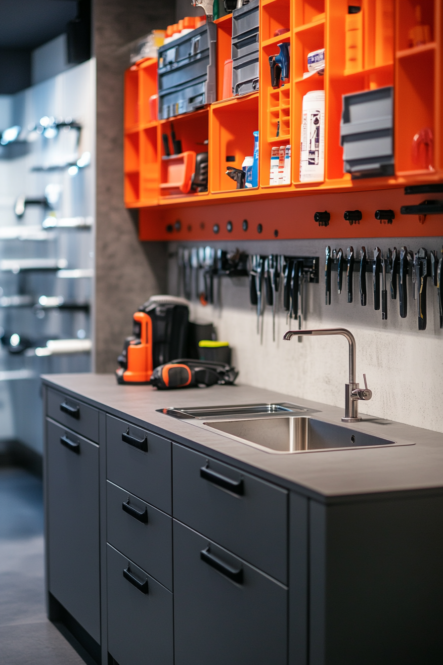 Technical Support Space. Wall-mounted toolbox, sink cleaning station, autonomous parts catalogue.