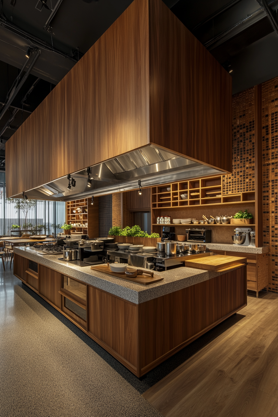 Social Cooking Space. Polished wooden prep stations, velvet story corner, ceramic communal dining.