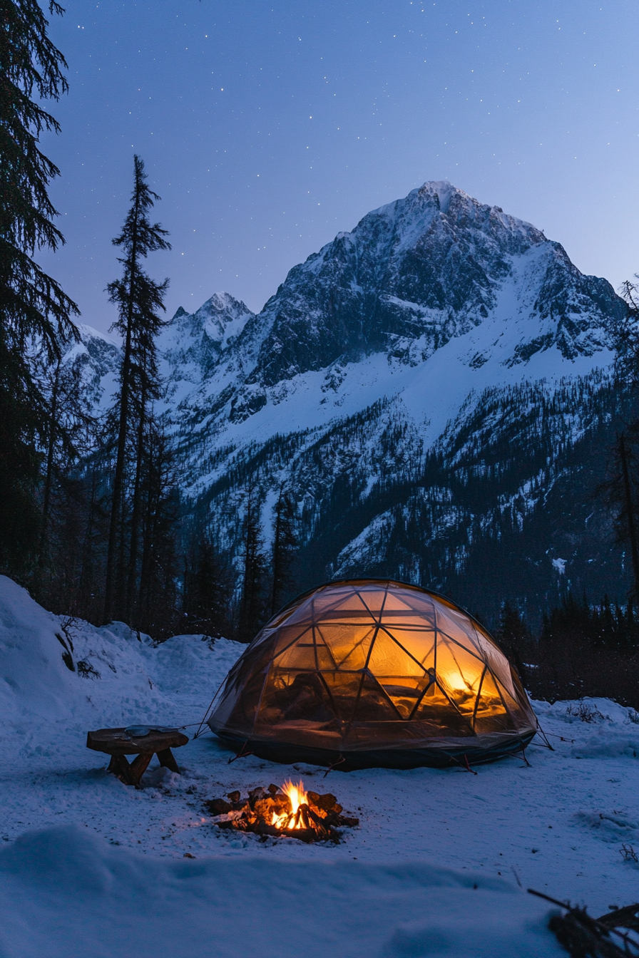 High alpine site. Insulated igloo tent facing Northern Lights above twin peaks, secluded fire pit nearby.