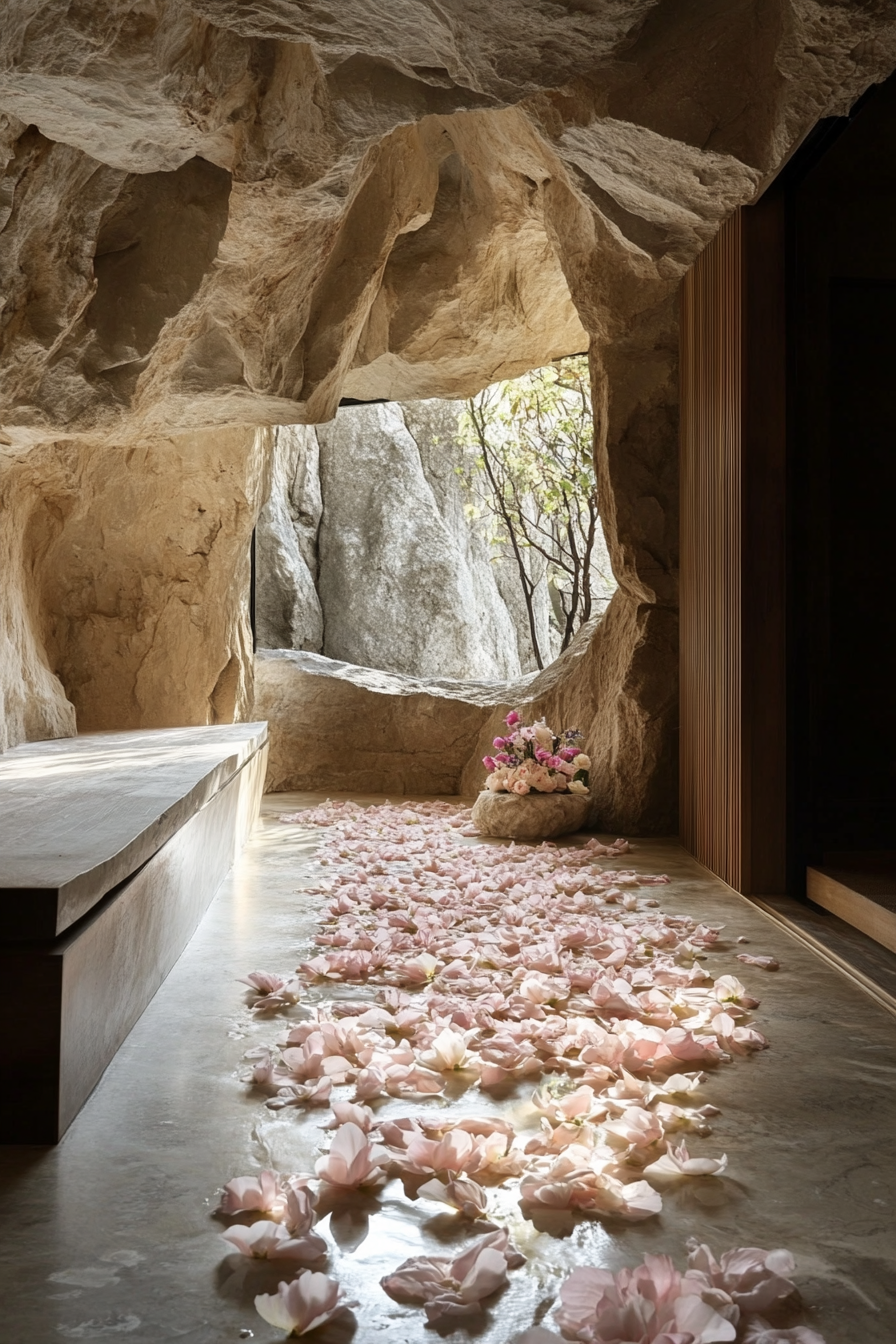 Mountain wellness space. A serene meditation cave with petal-strewn floor.