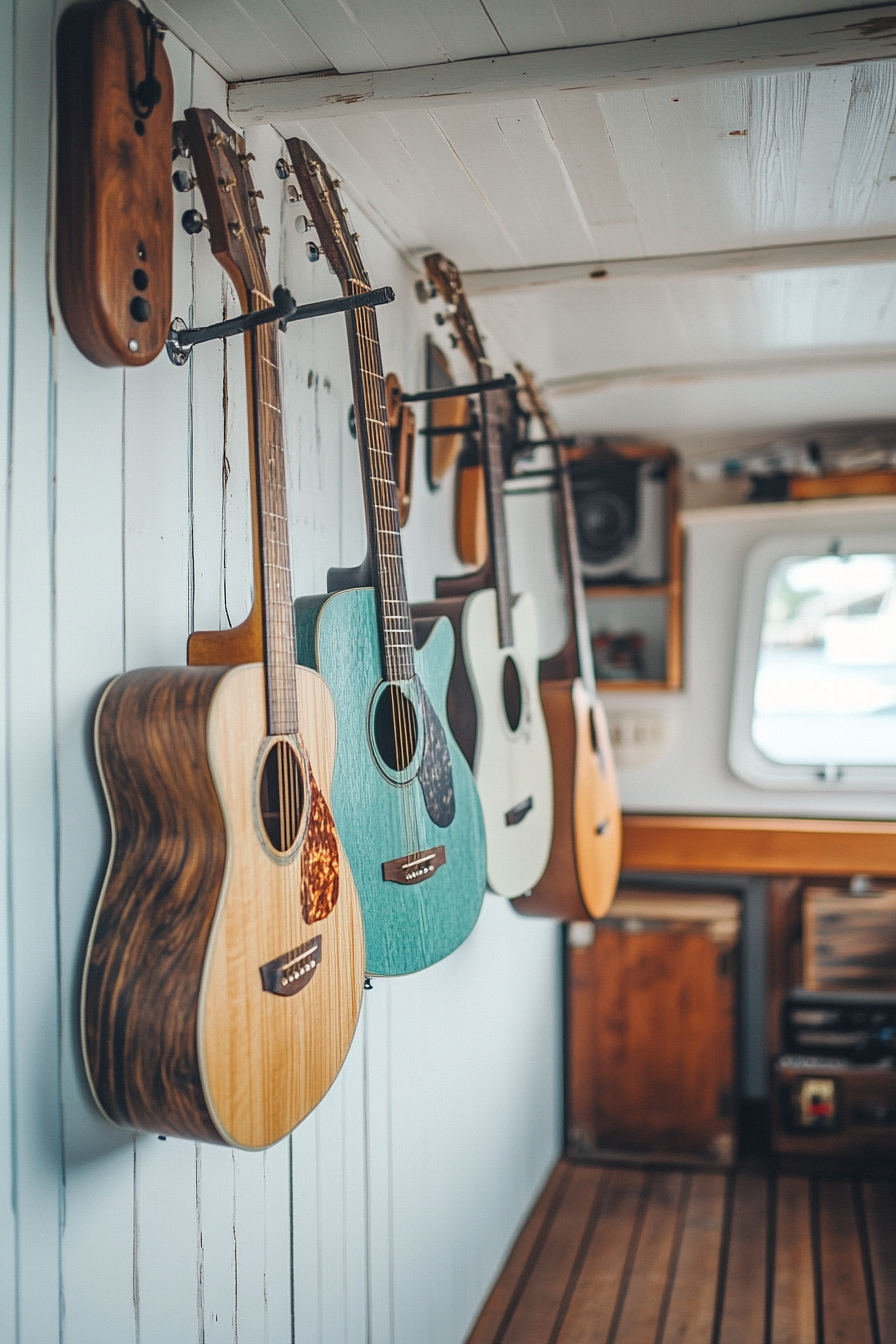 Mobile Studio Space. Wooden deck, aqua marine acoustic guitars hanging on white wall.