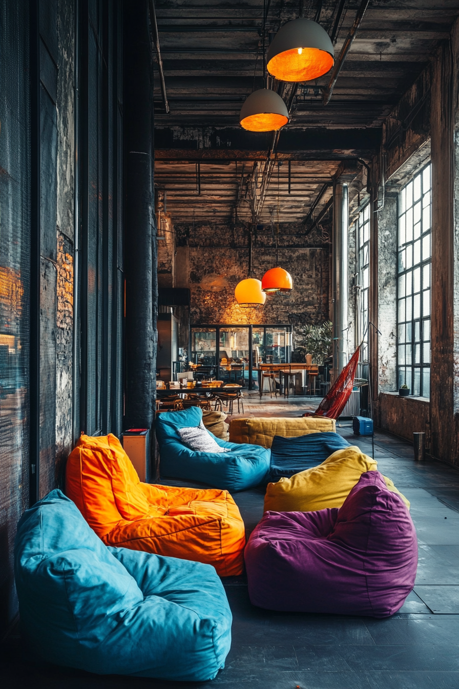 Event support space. Industrial designed chill zone with colorful beanbag chairs and floor lamps.