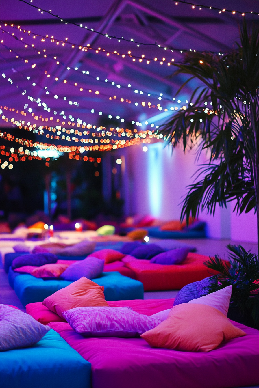 Event Support Space. String lights over vibrant cushioned seating in chill zone.