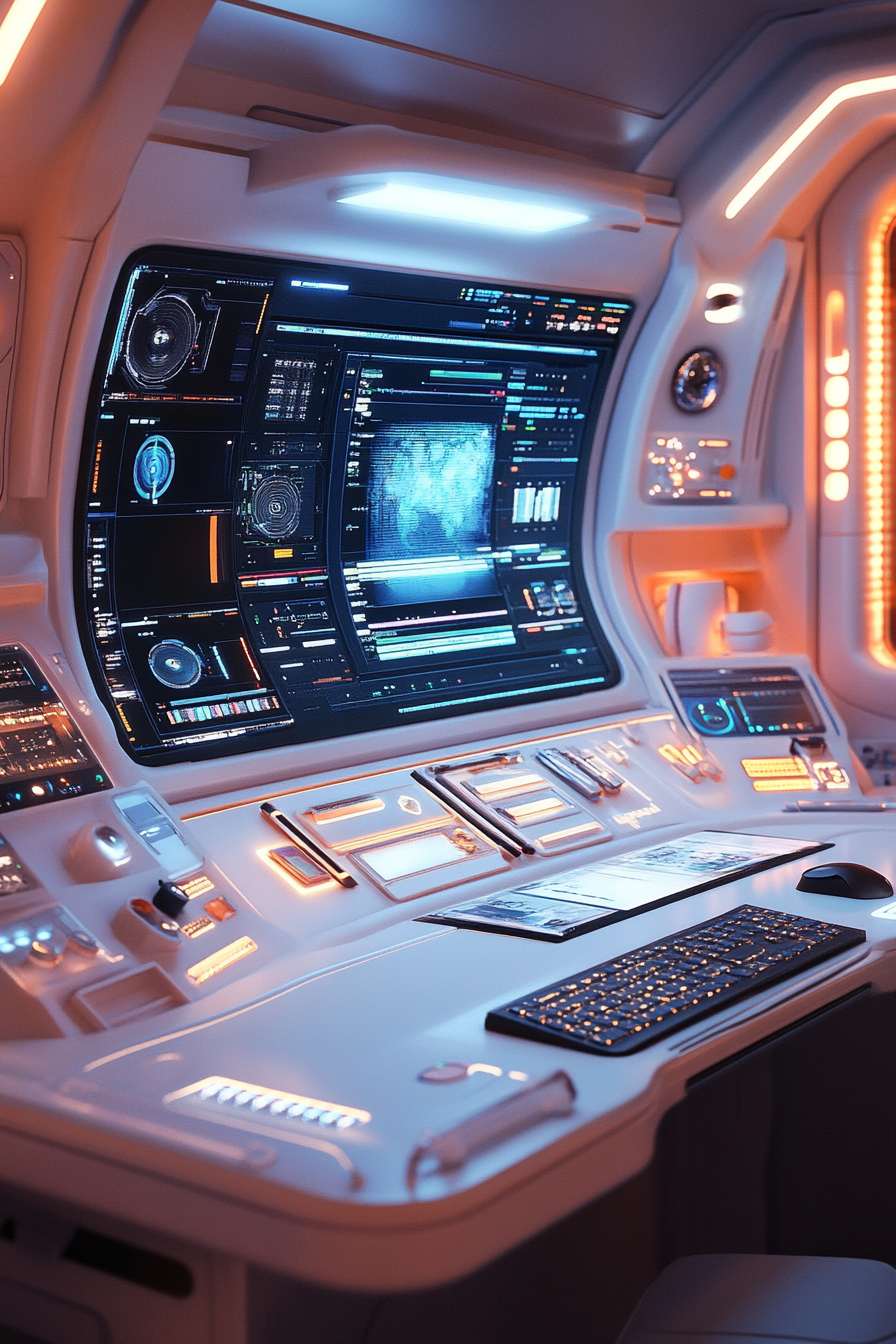 Mobile space. Photorealistic automation embedded desk with editing gadgets.