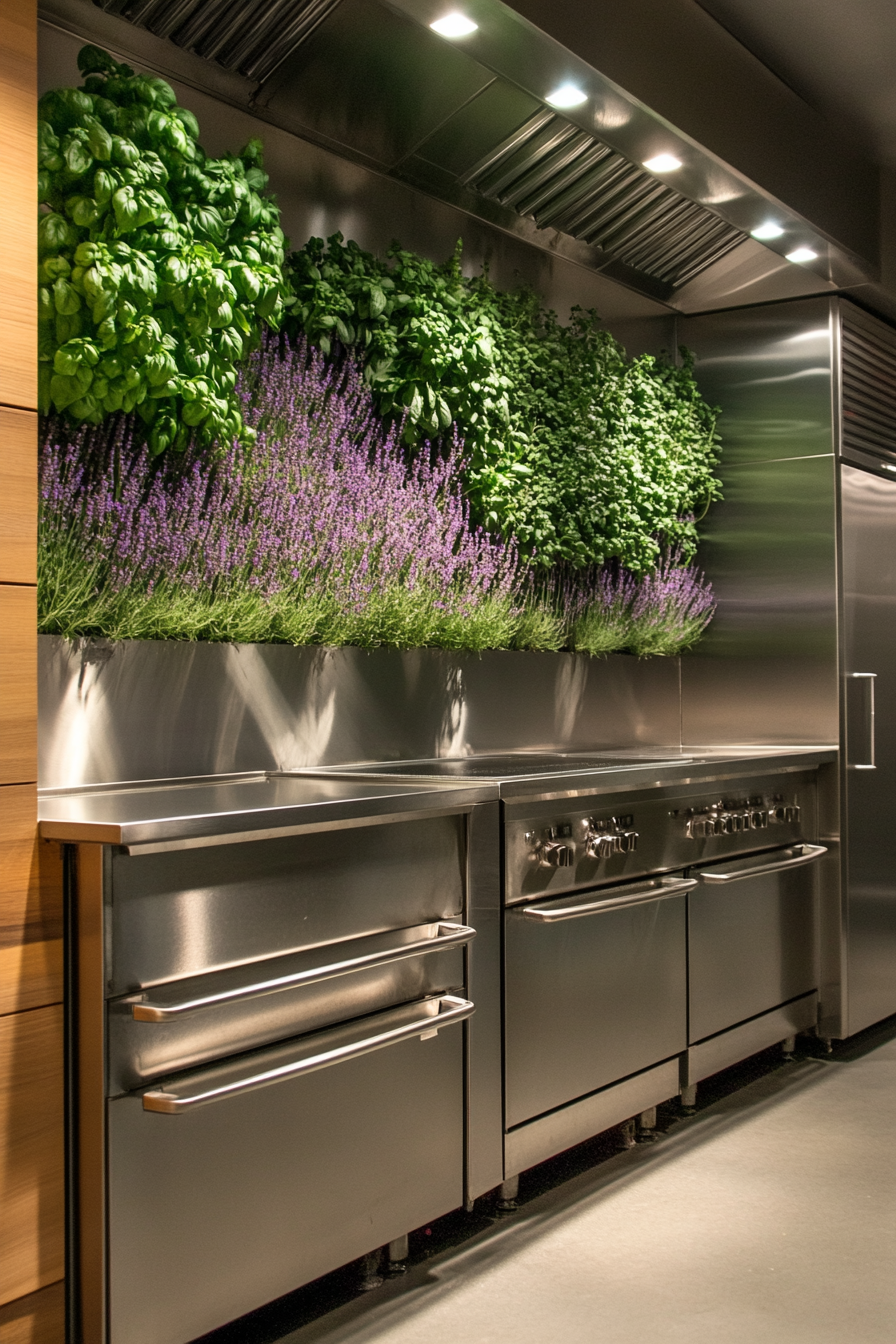 Community Cooking Space. Stainless steel bulk storage with lavender-filled herb wall.