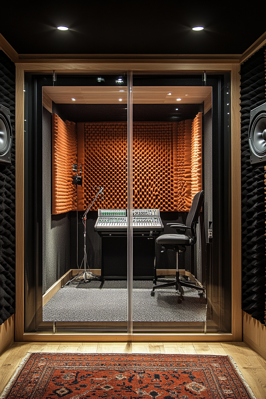 Mobile recording space. Enclosed glass sound booth with contrast-patterned soundproof panels.