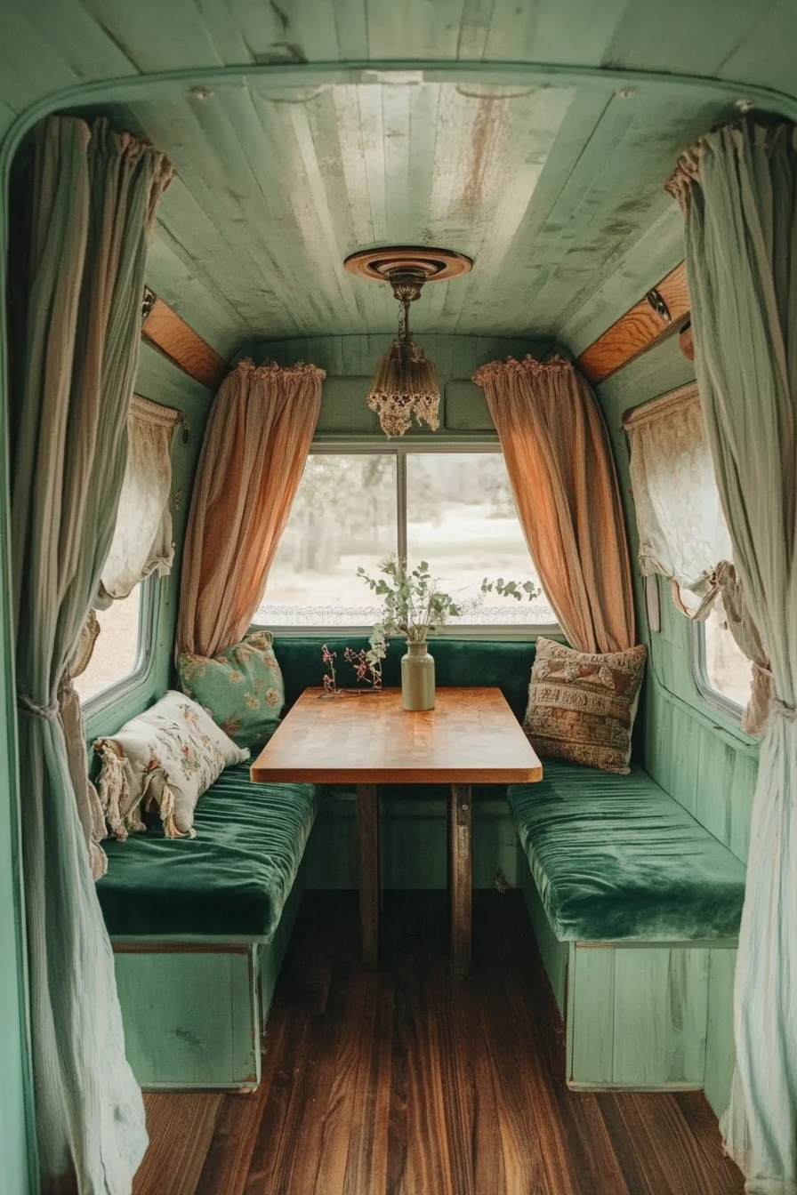 Therapy van space. Seafoam green, velvet curtains, and teak table.