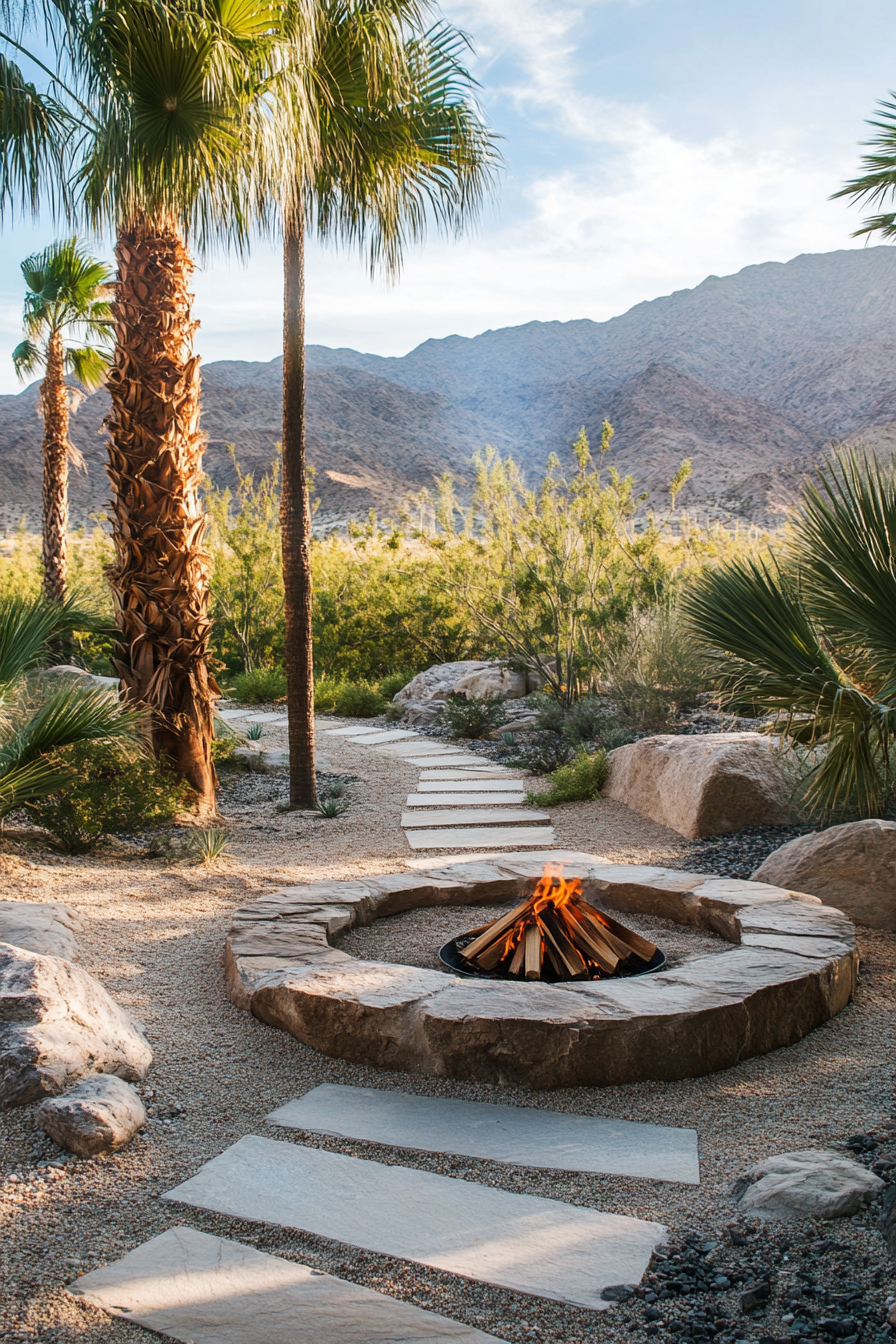 Palm Grove Space. Traditional fire pit, near desert spring, observing dunes.