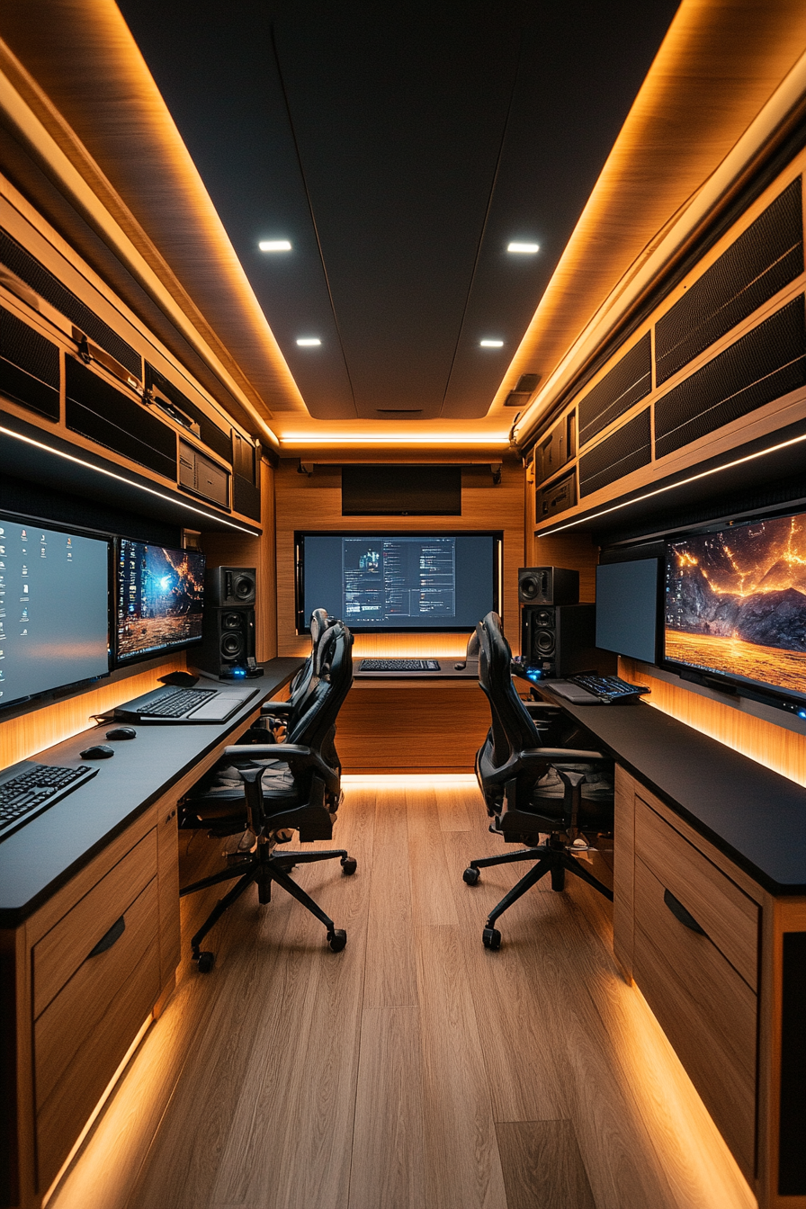Mobile production space. Dual monitors with backlit rendering station, adjoined client lounge area.