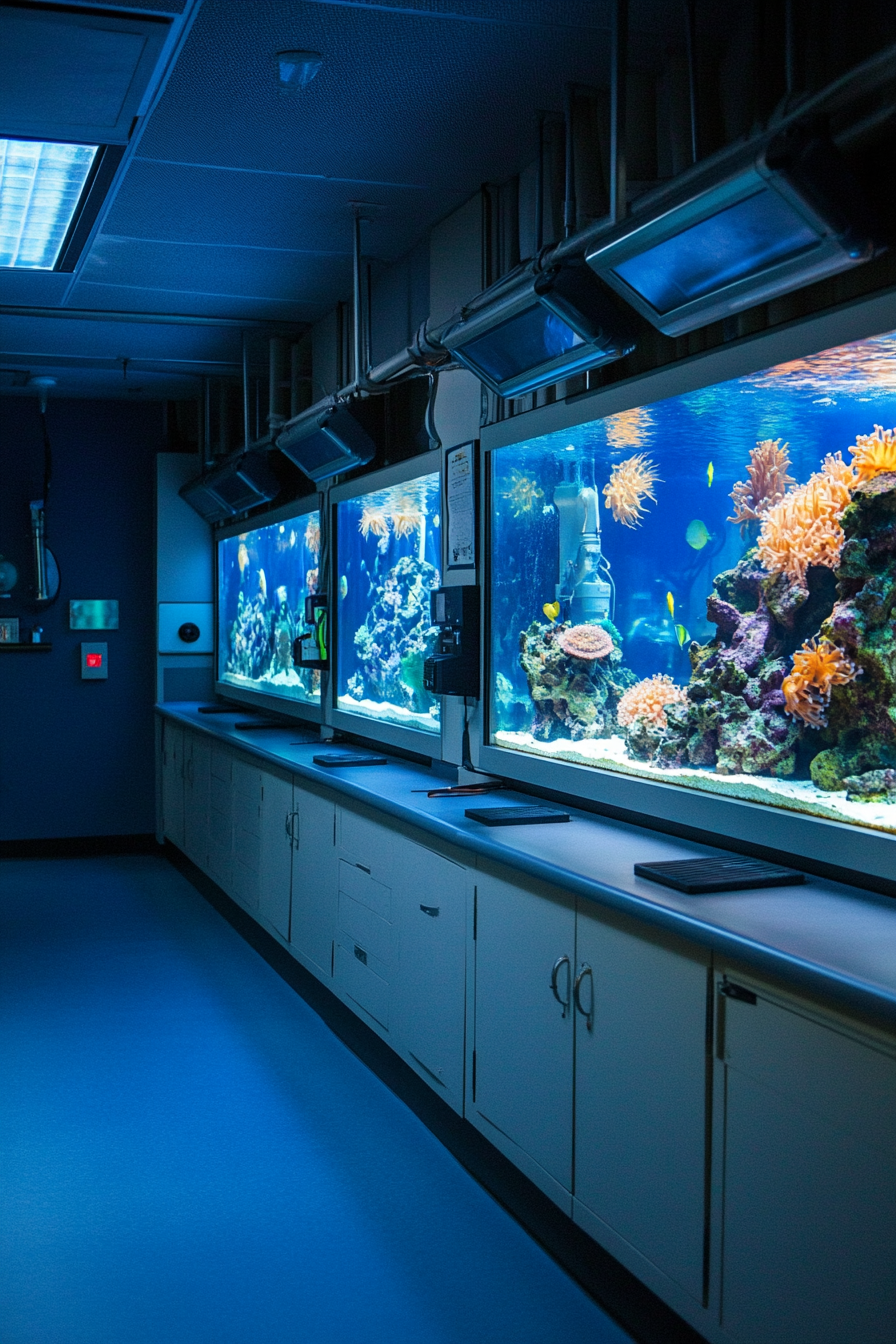 Coastal Research Space. Wet lab interior with wall of marine life aquariums.