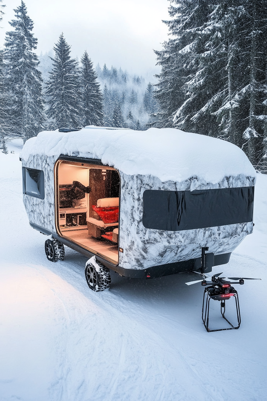 Alpine mobile space. Snow-covered RV with interior drone launching pad.