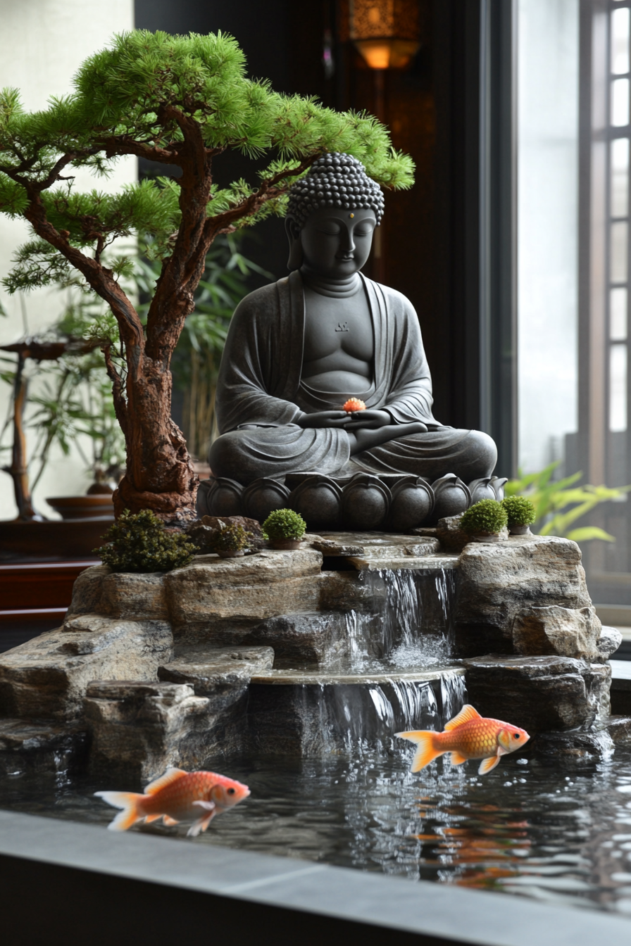 Wellness escape space. Buddha water fountain with coy fishes surrounded by bonsai trees.