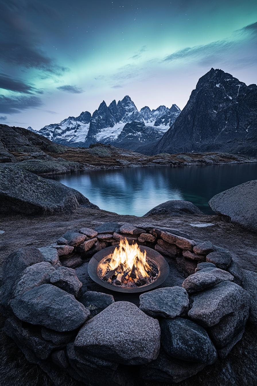 High Alpine Site. Angular fire pit, flanked by boulders, facing peaks under flickering aurora colors.