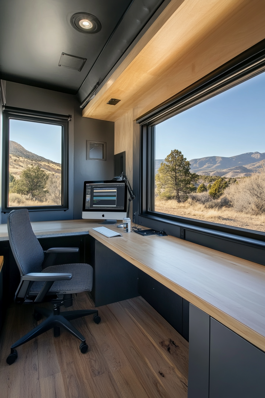 Creative mobile space. Steel-gray editing bay with maple wood desk and panoramic windows.