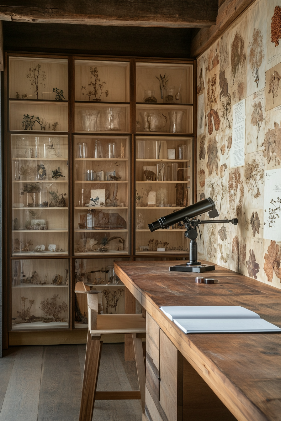Mobile Research Space. Wall-mounted telescope and shelves filled with botanical specimens.