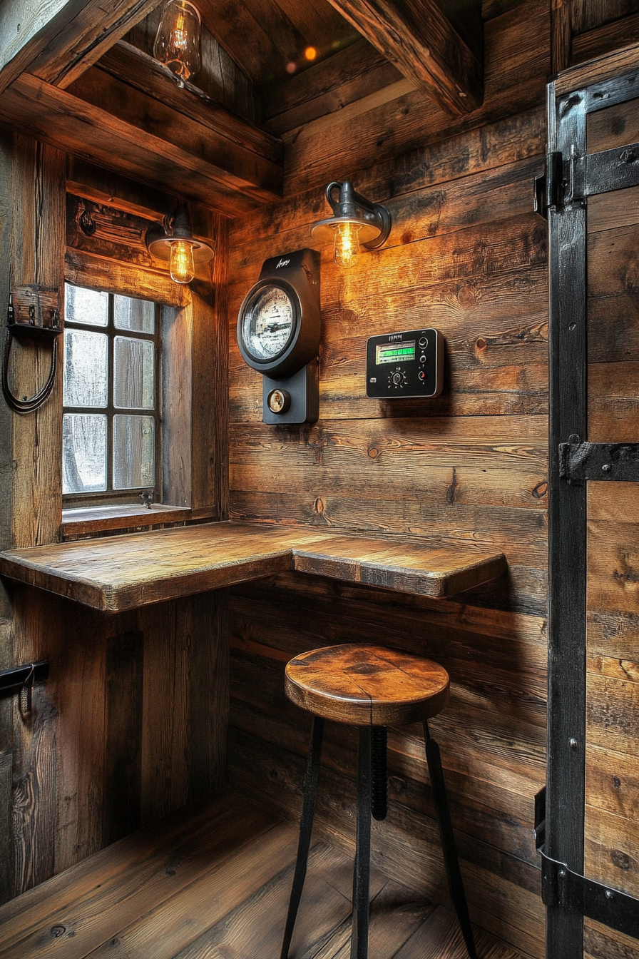 Alpine mobile space. Rustic wood interior with wall-mounted weather station.