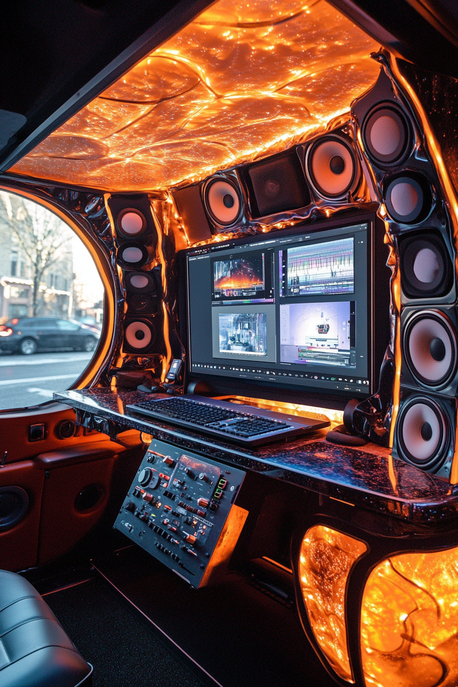 Creative mobile space. Convertible editing bay with built-in screens and multi-speaker sound system.