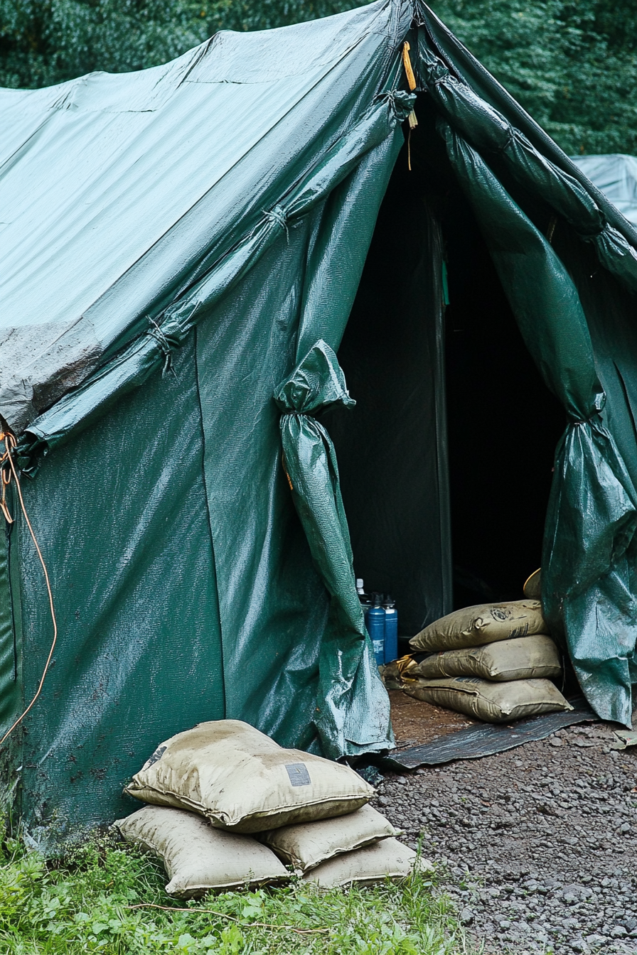 Outdoor education space. Dark green polyvinyl tent, with sandbags and a first-aid kit nearby.