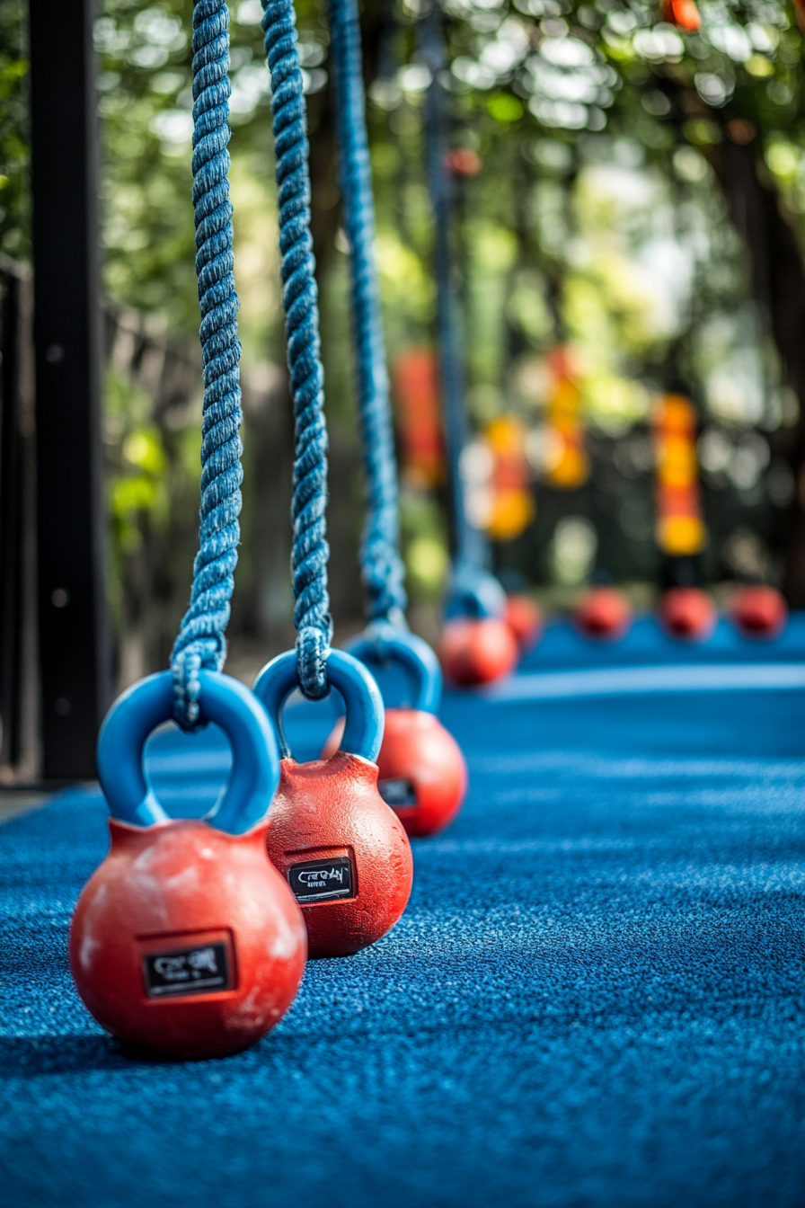 Fitness Community Space. Outdoor gym with blue climbing rope and red kettlebells.