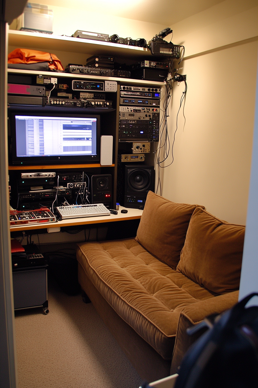Creative mobile space. Suede couch in interview corner with a wall of organized equipment storage.