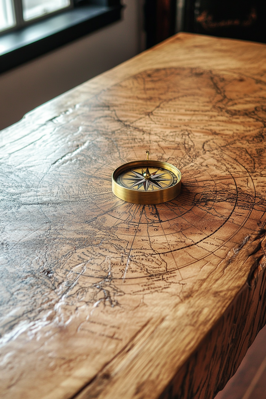 Mountain community space.  Wooden map table with brass compass embedded.
