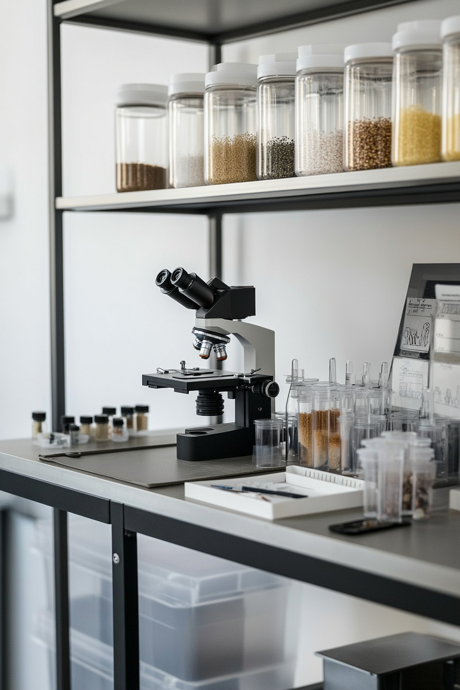 Mobile Research Space. Steel-frame desk with microscope and mounted specimen containers.