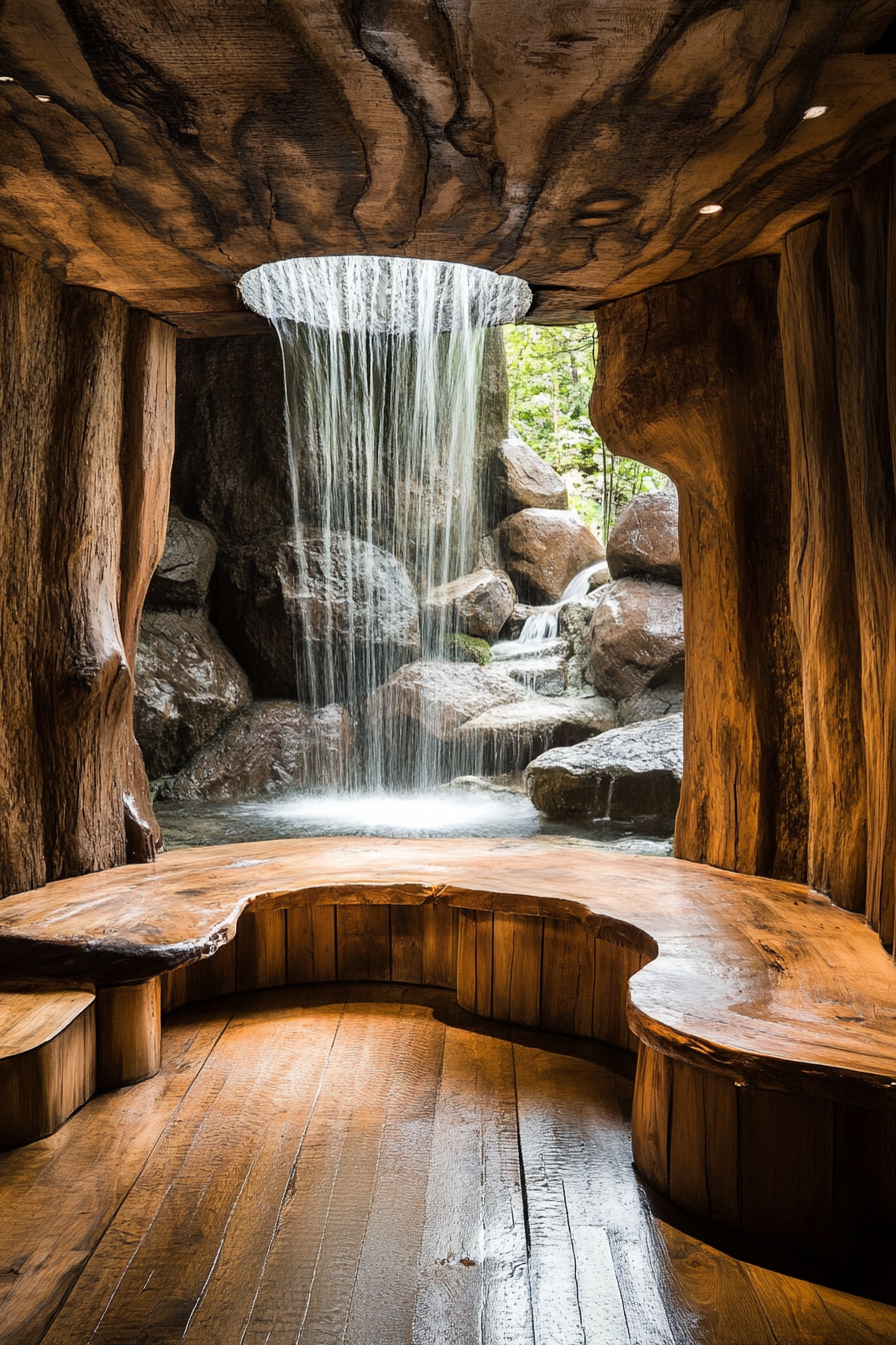 Wellness space. Rustic wooden meditation cave with hidden waterfall view