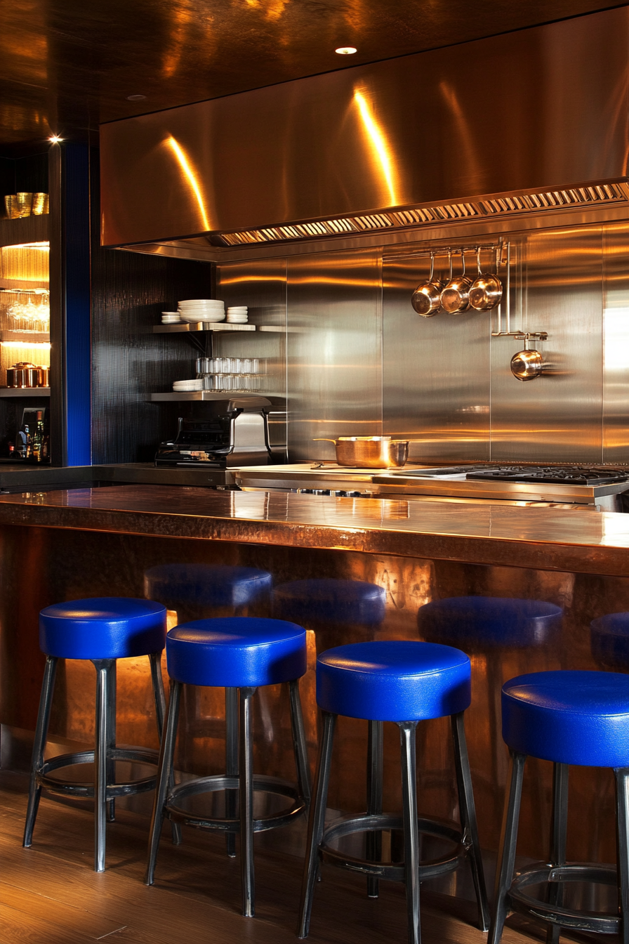 Social cooking space. Tarnished copper prep station with cobalt blue stools.