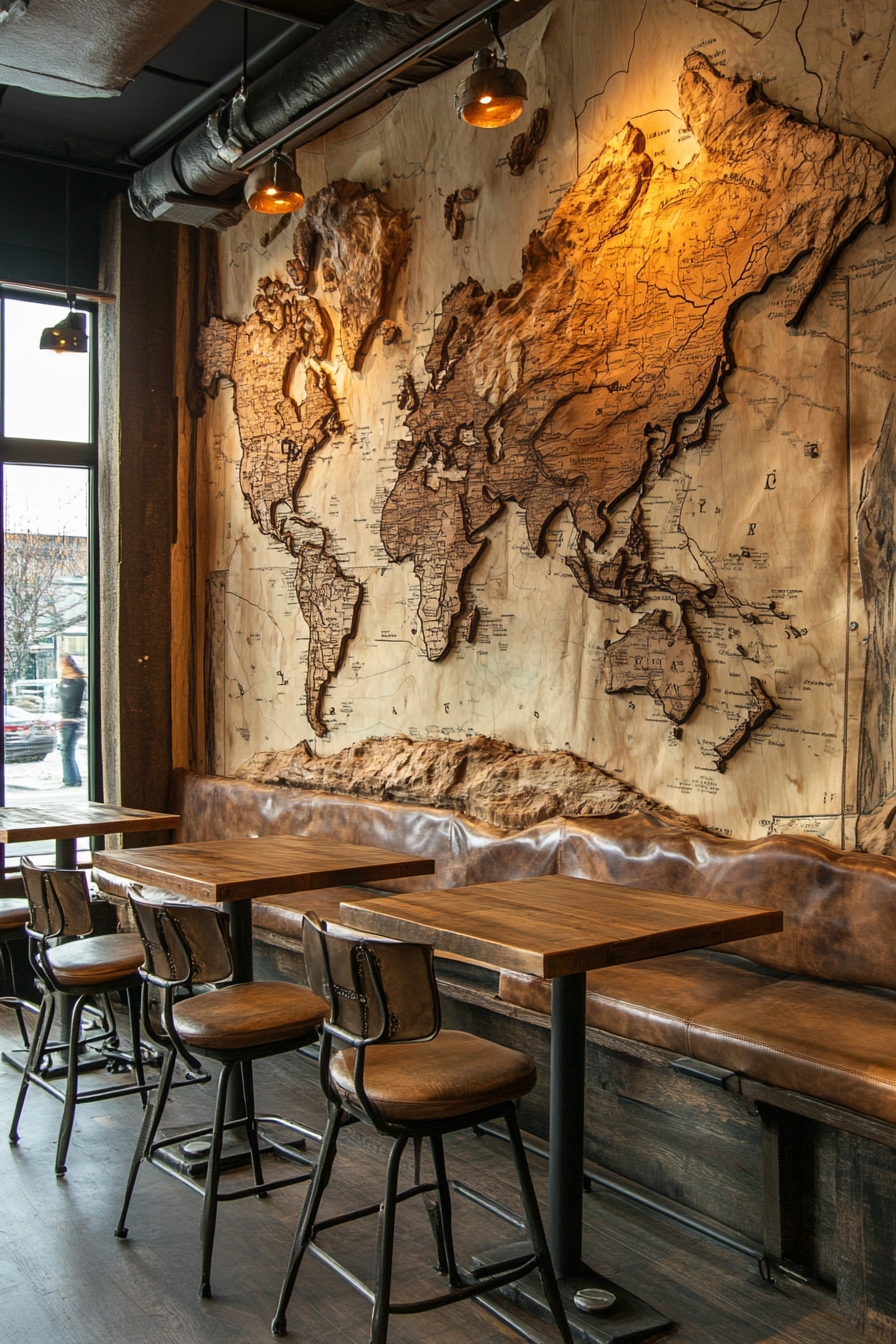 Mountain Community Space. Rustic wooden map wall, map tables and aged leather desk chairs.