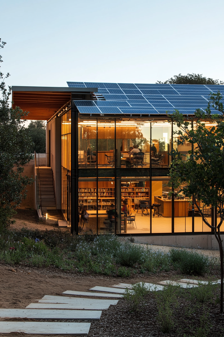 Community living space. Solar-powered educational center with glass walls.